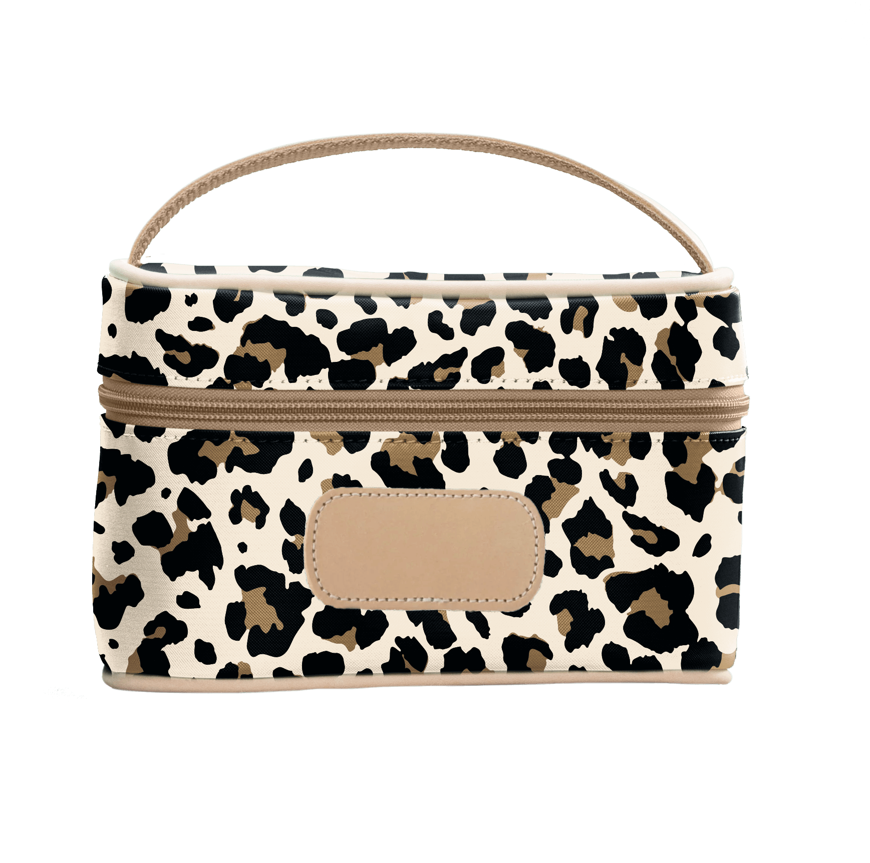 leopard cosmetic bag with beige handle and patch on a white background