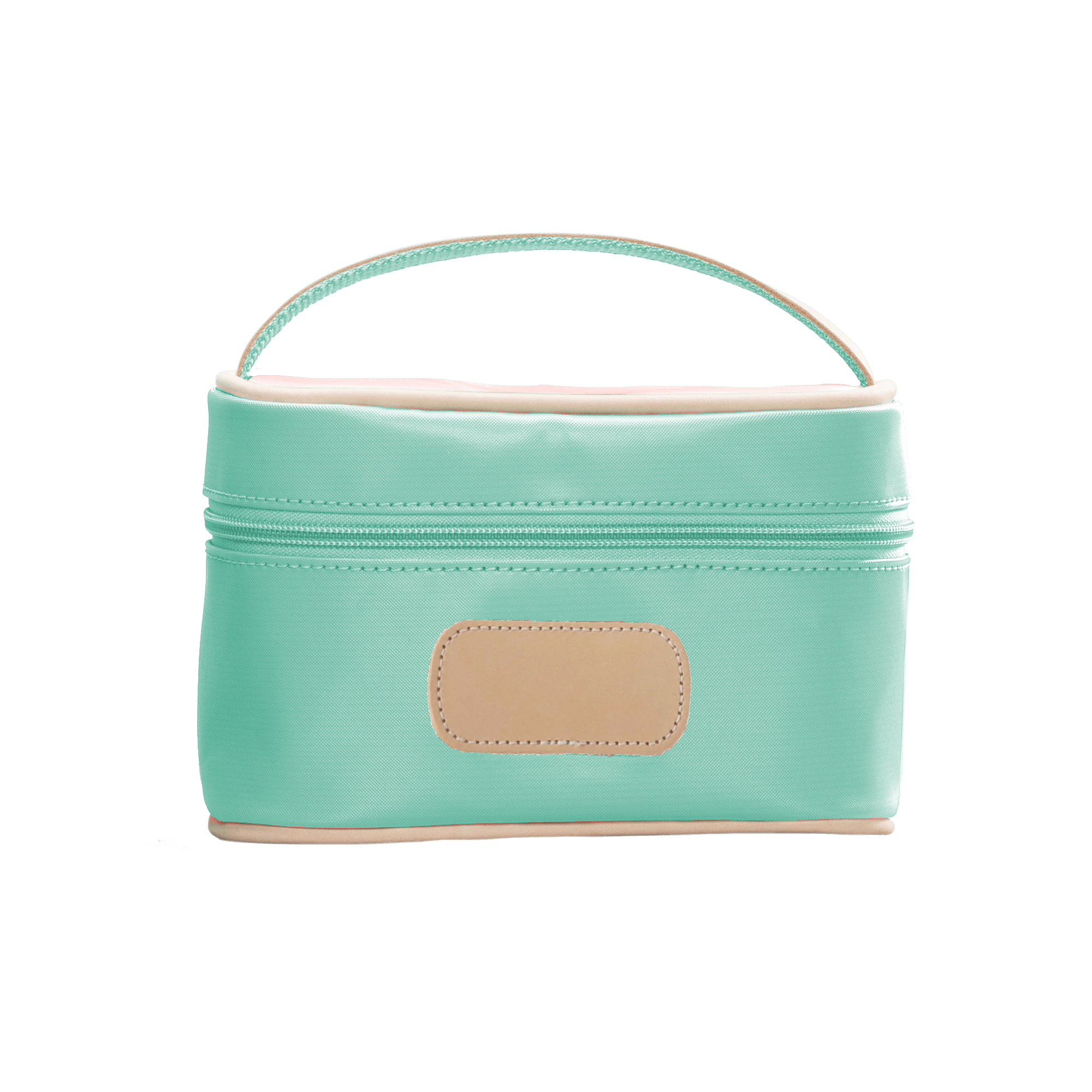 mint cosmetic bag with beige handle and patch on a white background