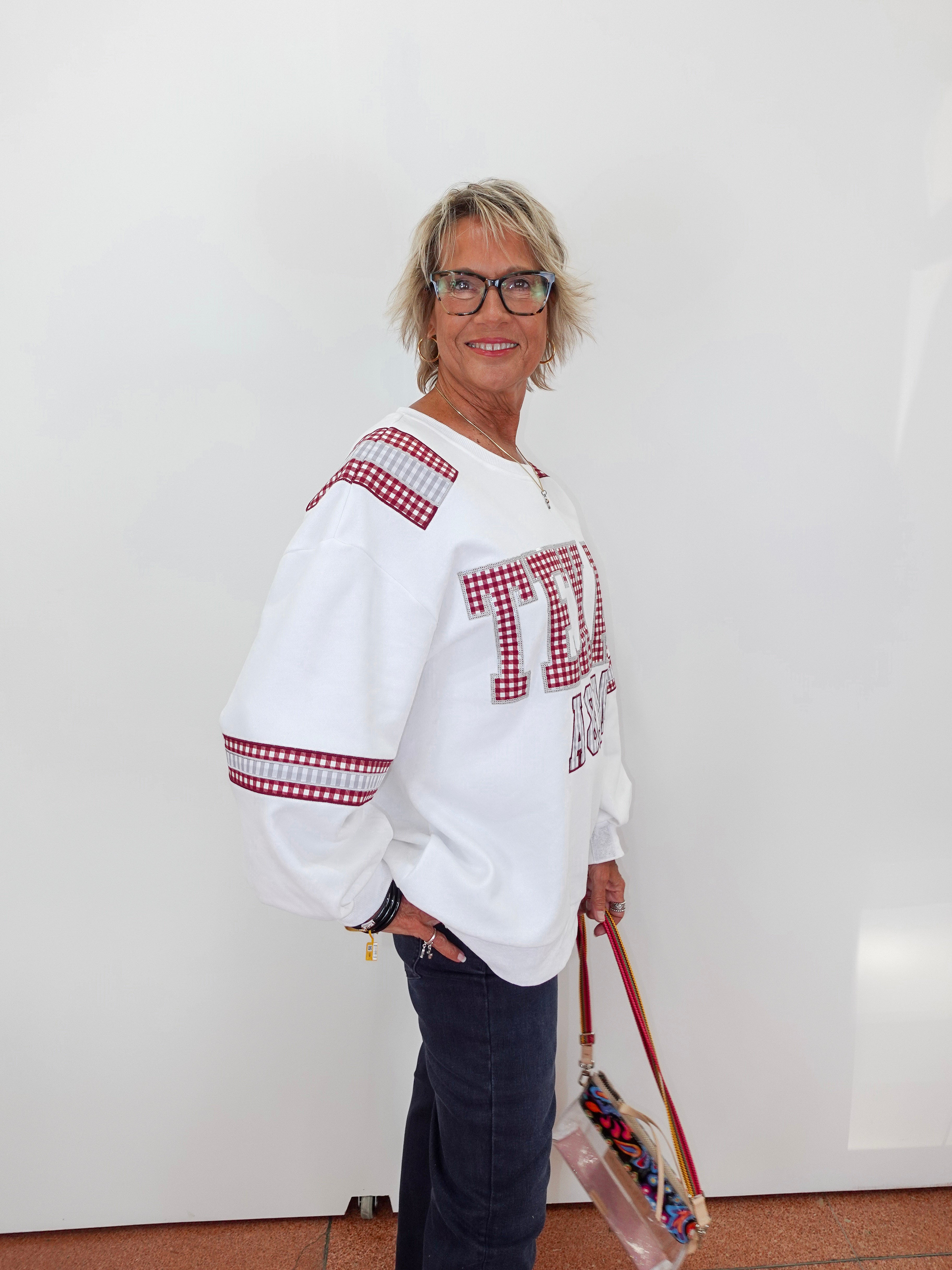 Texas A&M Gingham Words Jersey Sweatshirt - TresChicTexas