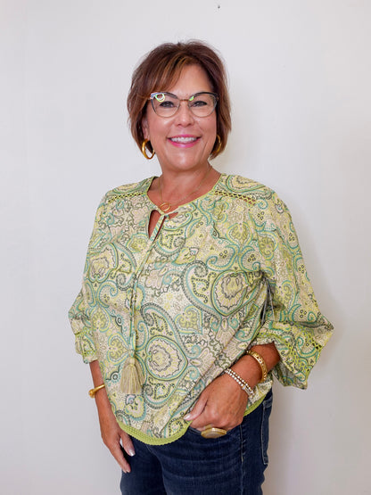 L/S Shirred Woven Tie Front Blouse
