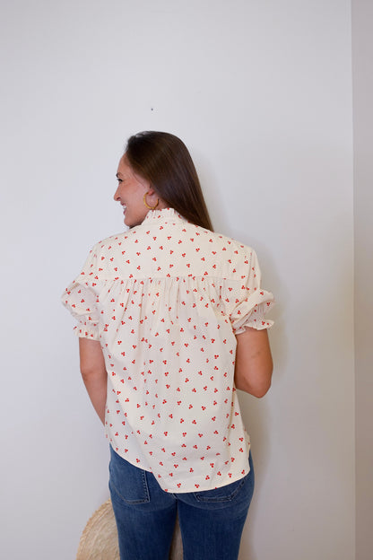 Puff Sleeve Ruffle Neck Blouse
