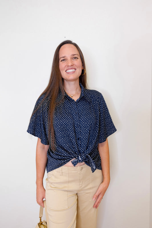 1/2 Sleeve Button Front Woven Blouse