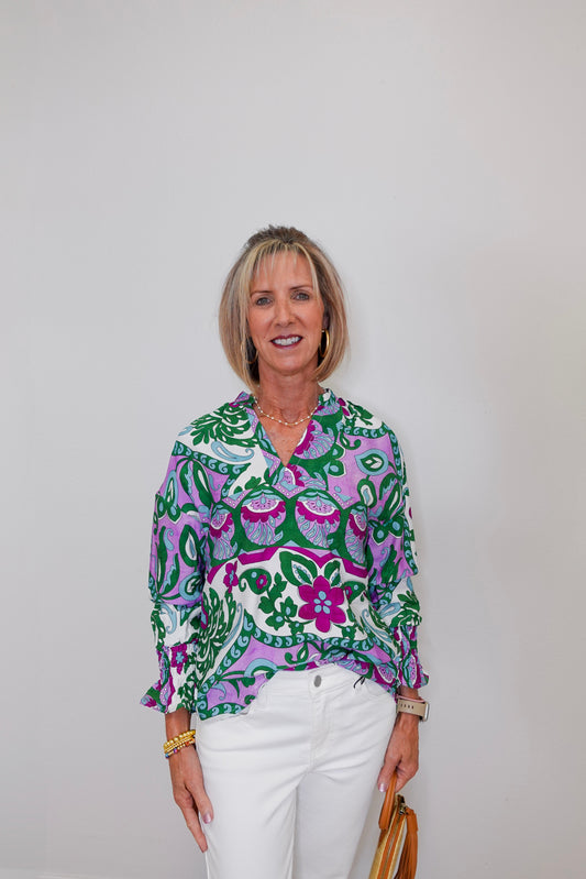 Smocked Slv V-Neck Blouse