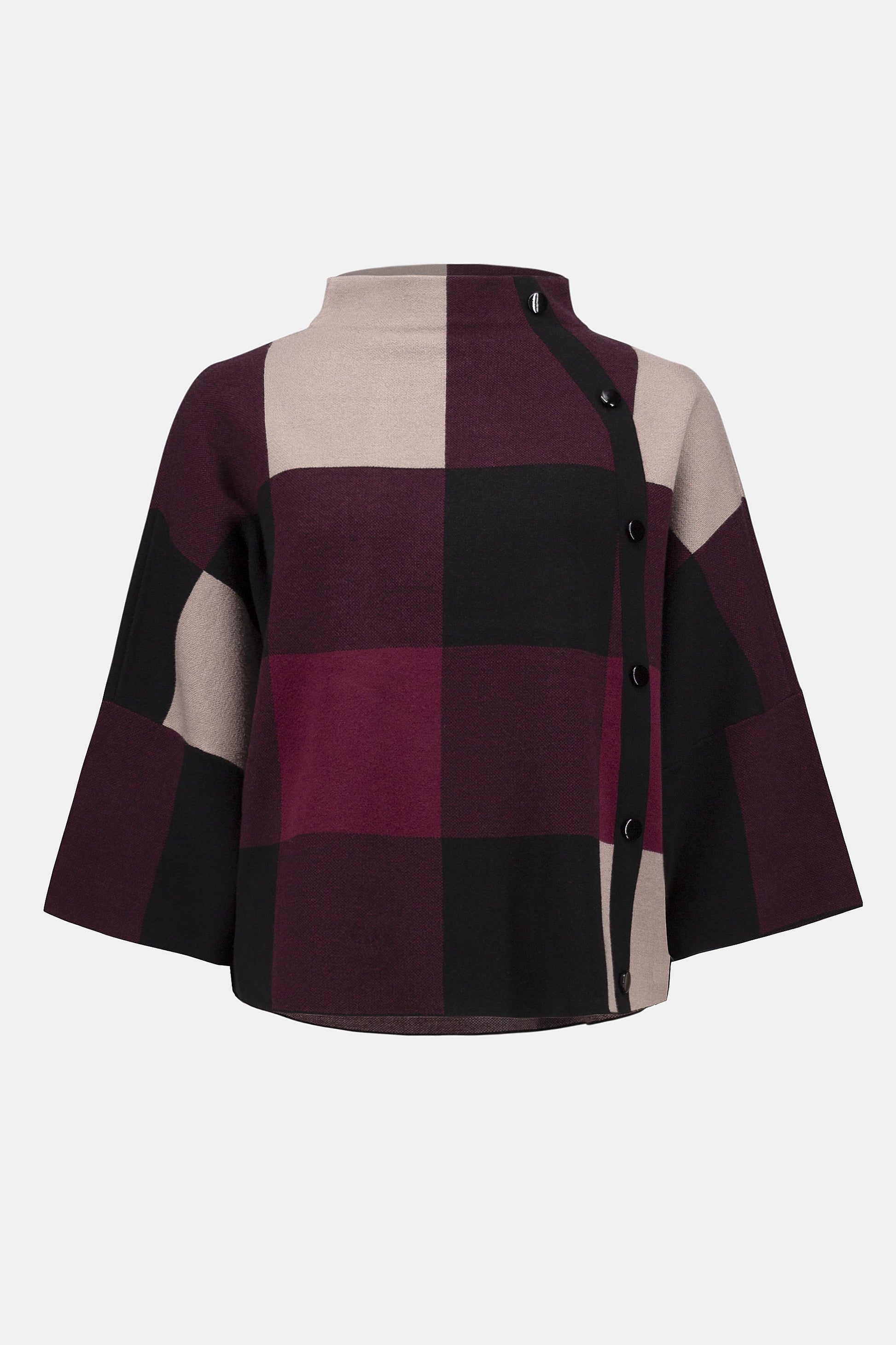 Plaid patterned blouse with a high collar on a white background