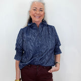 Indigo Waves Smocked Sleeve Button Down Blouse