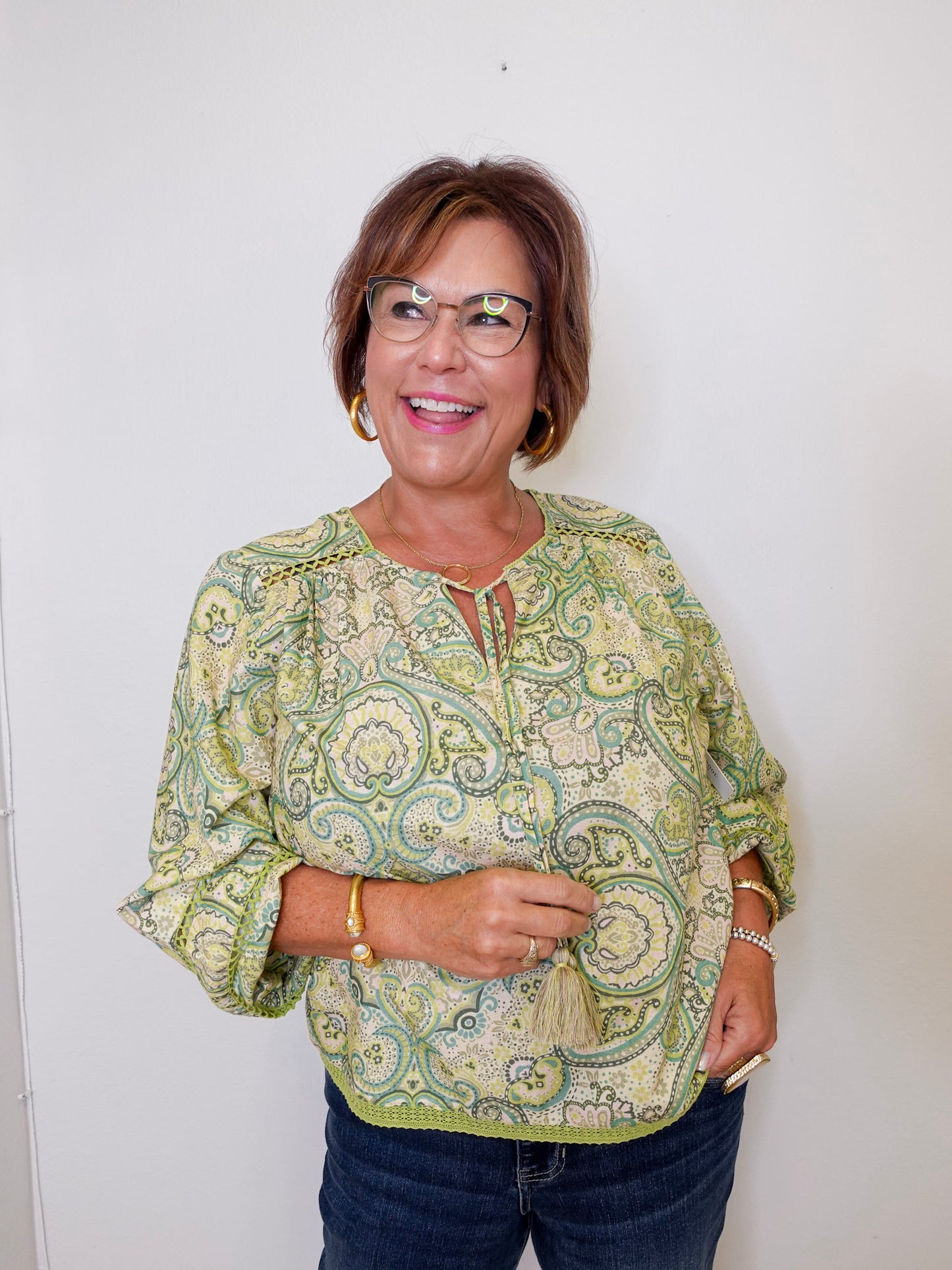L/S Shirred Woven Tie Front Blouse
