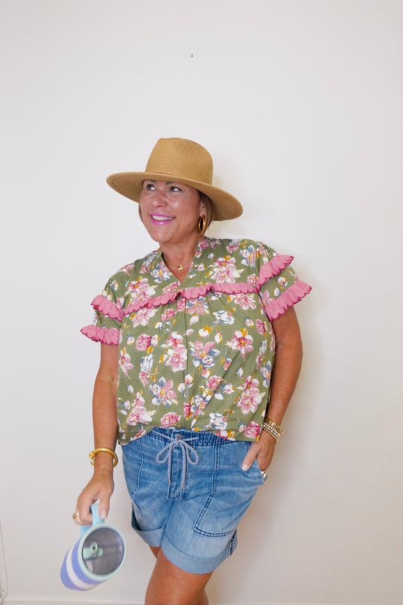 Ruffle Trim S/S Floral Top