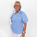 Gingham Puff Sleeve Zippered Top