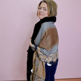 Houndstooth/Paisley Wrap W/ Faux Fur Trim