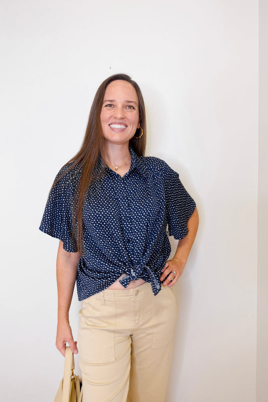 1/2 Sleeve Button Front Woven Blouse