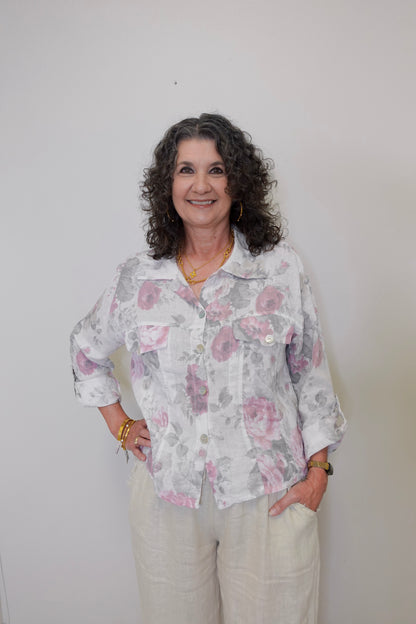 Vintage Linen Floral Button Down Top