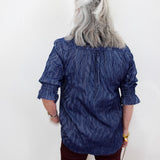 Indigo Waves Smocked Sleeve Button Down Blouse