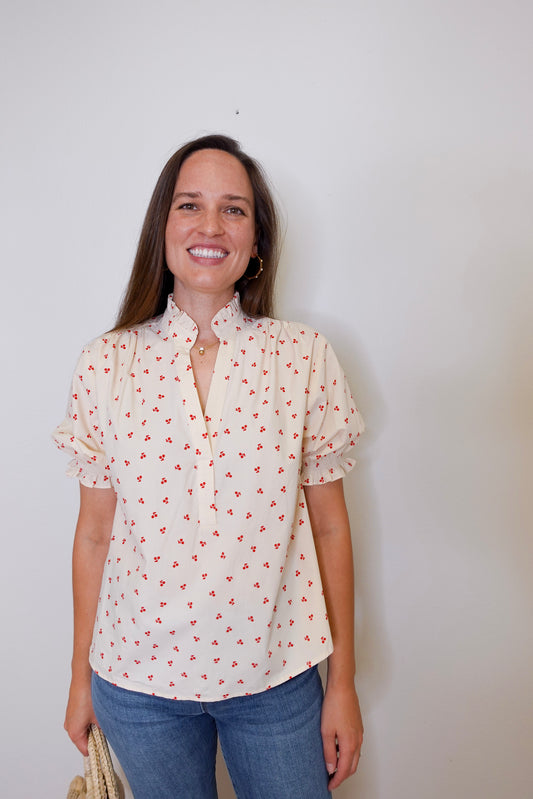 Puff Sleeve Ruffle Neck Blouse
