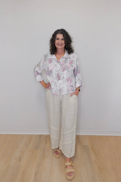 Vintage Linen Floral Button Down Top