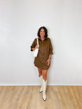 SMOCKED SLEEVE SUEDE DRESS