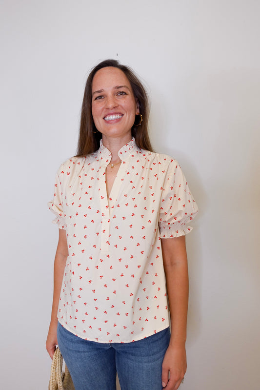 Puff Sleeve Ruffle Neck Blouse