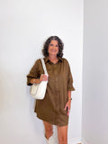 SMOCKED SLEEVE SUEDE DRESS