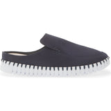 A single dark navy slip-on mule shoe with a white sole featuring black stitched detailing, shown against a plain white background.