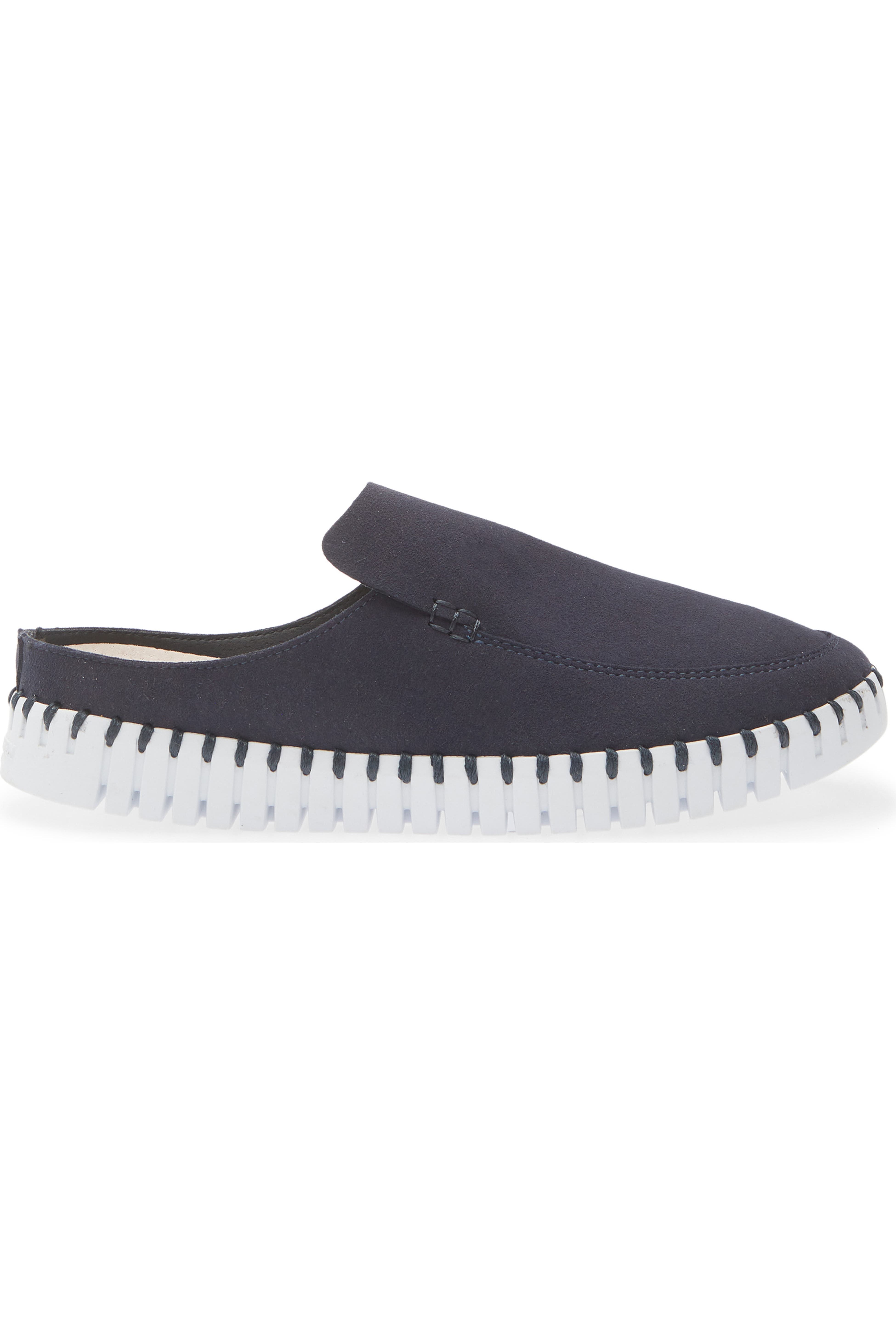 A single dark navy slip-on mule shoe with a white sole featuring black stitched detailing, shown against a plain white background.
