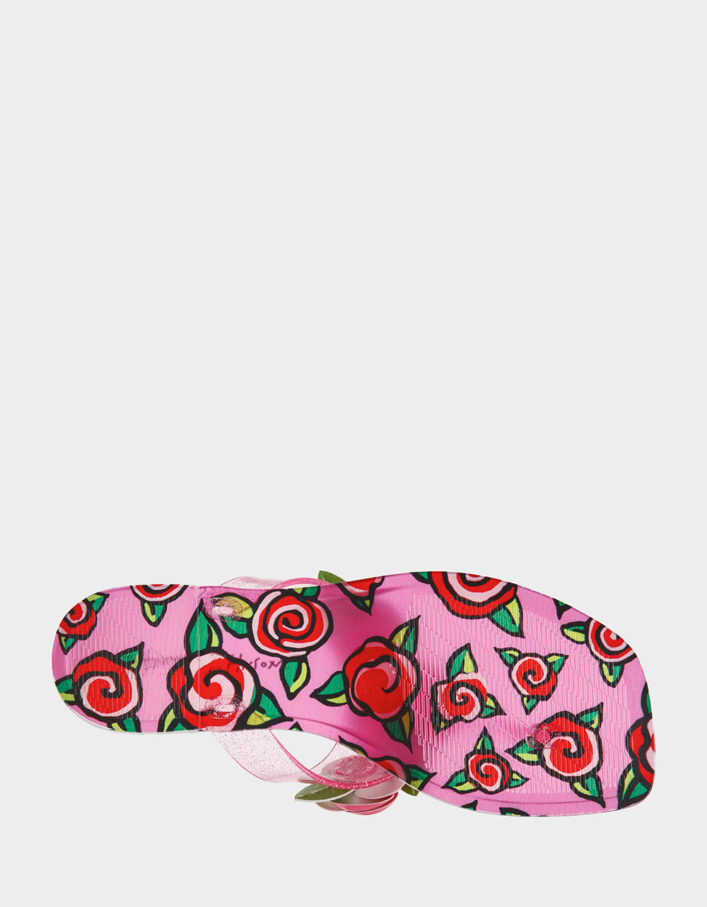 Pink sandal with red rose pattern on a white background