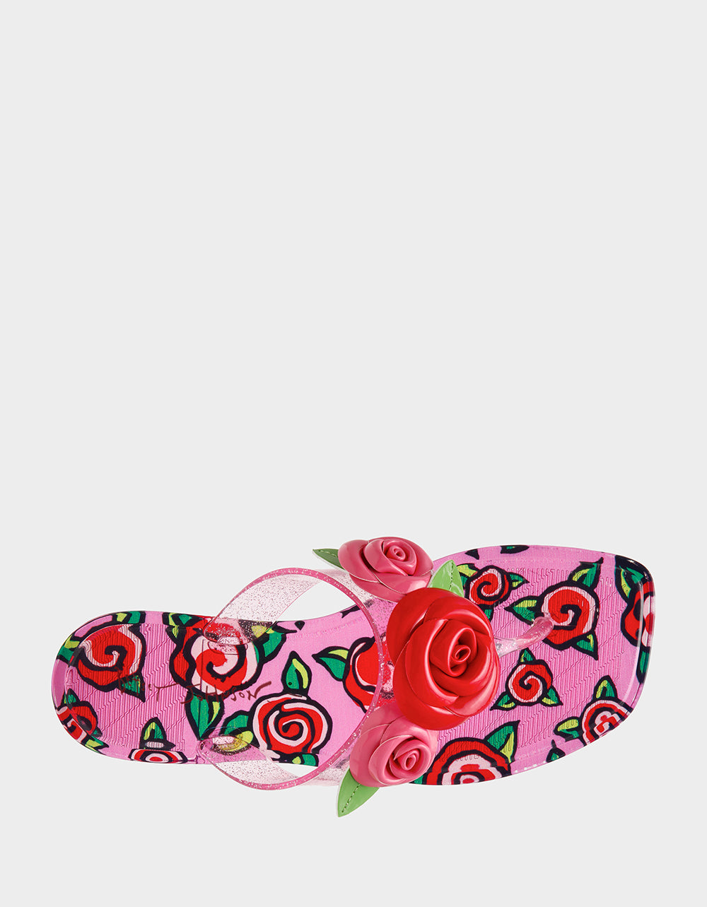 Pink sandal with floral design and red rose on a white background