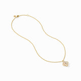 Gold necklace with a clover-shaped pendant on a white background