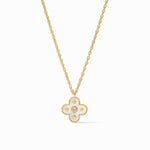 Gold necklace with a clover-shaped pendant on a white background