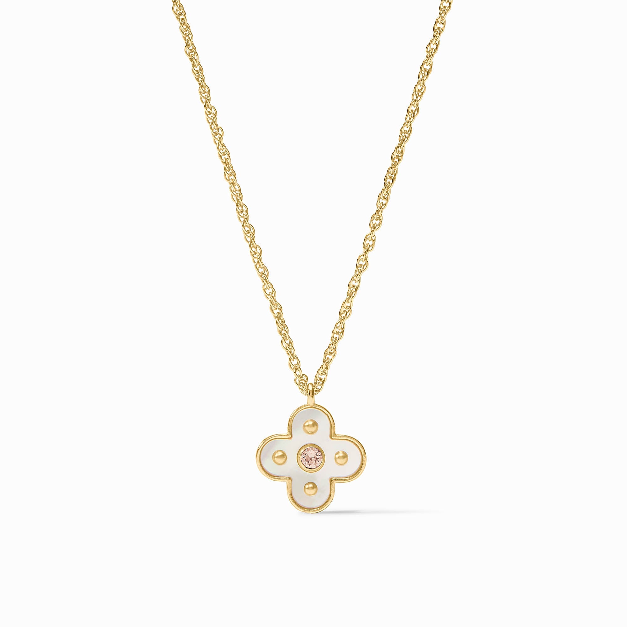 Gold necklace with a clover-shaped pendant on a white background