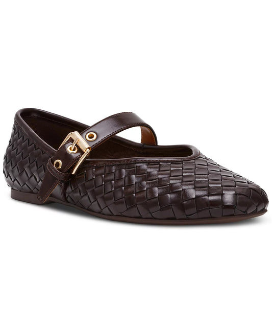 Brown woven flat shoe with gold buckle on a white background