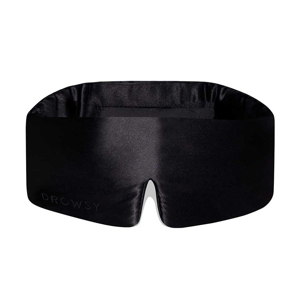 Black satin sleep mask with 'Drowsy' branding on a white background