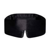 Black satin sleep mask with 'Drowsy' branding on a white background
