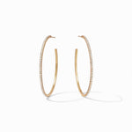 Gold hoop earrings with embedded stones on a white background