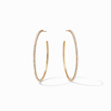 Gold hoop earrings with embedded stones on a white background