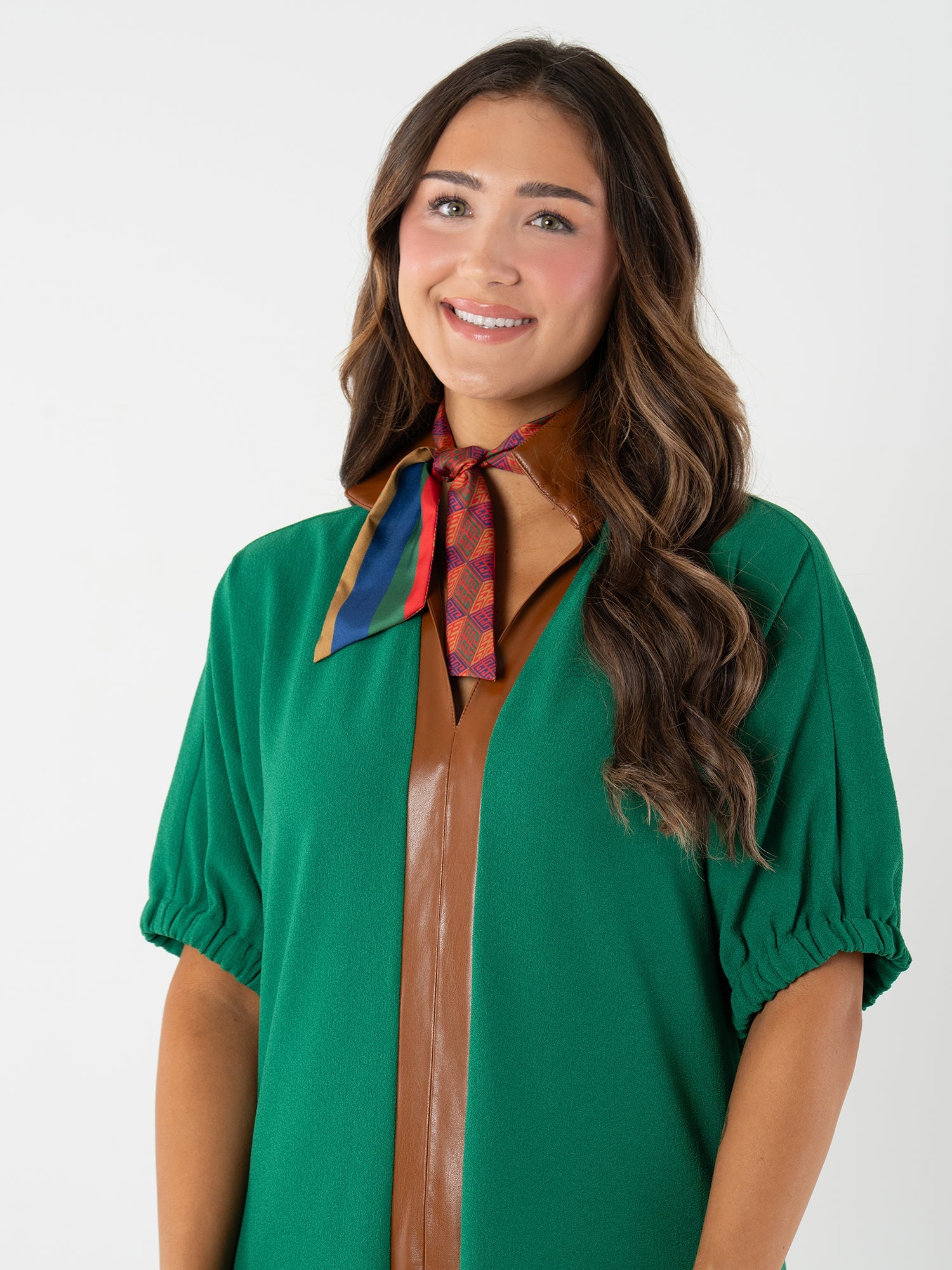 woman modeling a vintage monogram from Emily McCarthy scarf