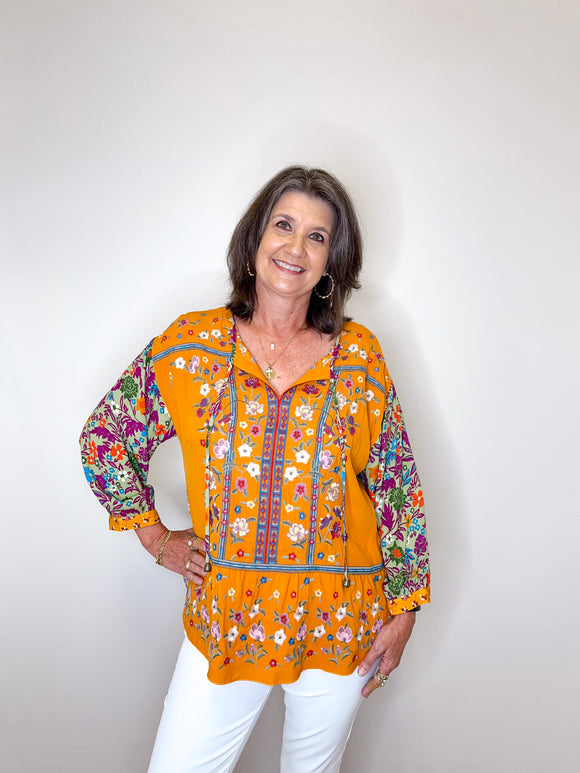 EMBROIDERED SPLIT TIE FRONT TUNIC