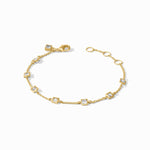 Gold bracelet with square links on a white background