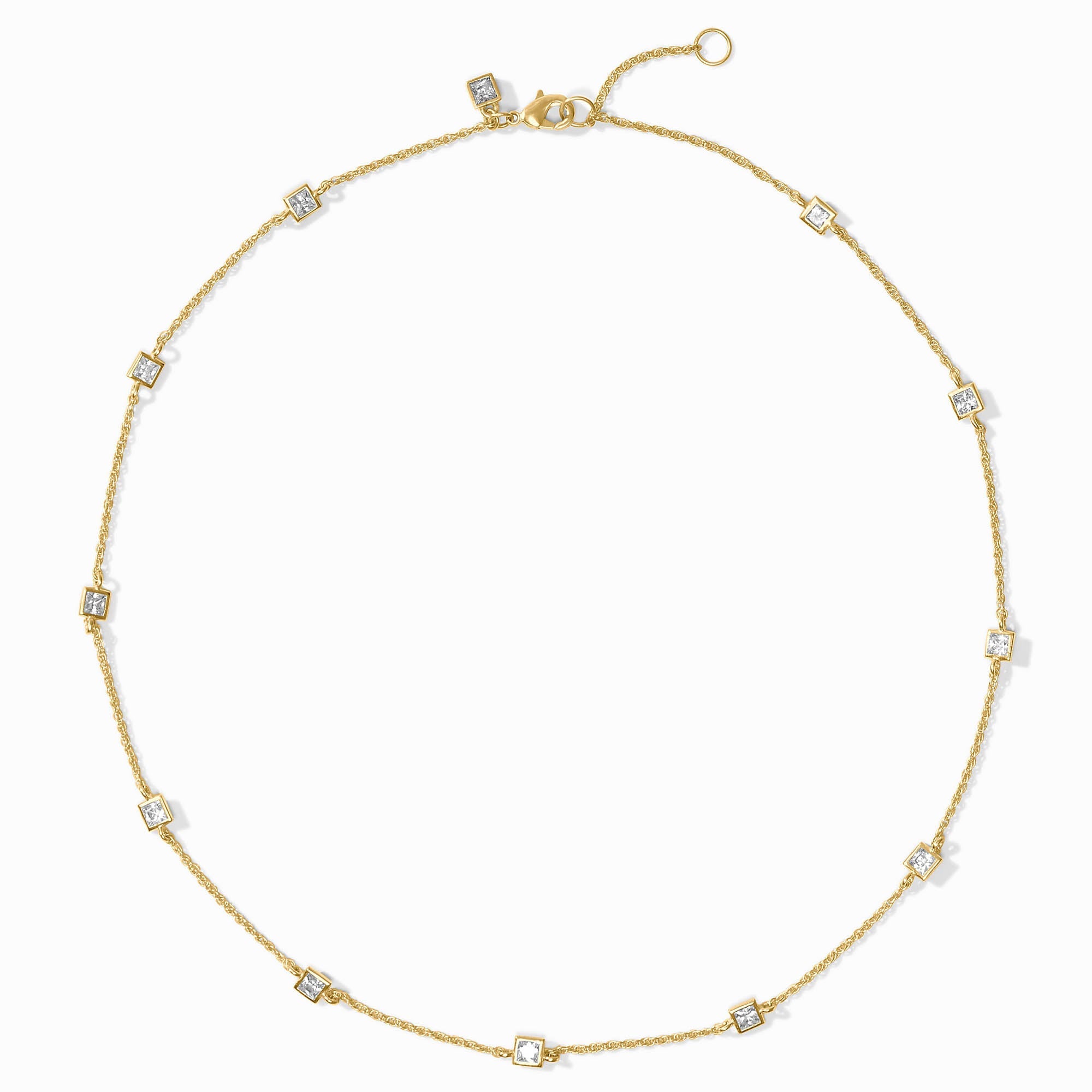 Gold necklace with small diamonds on a white background