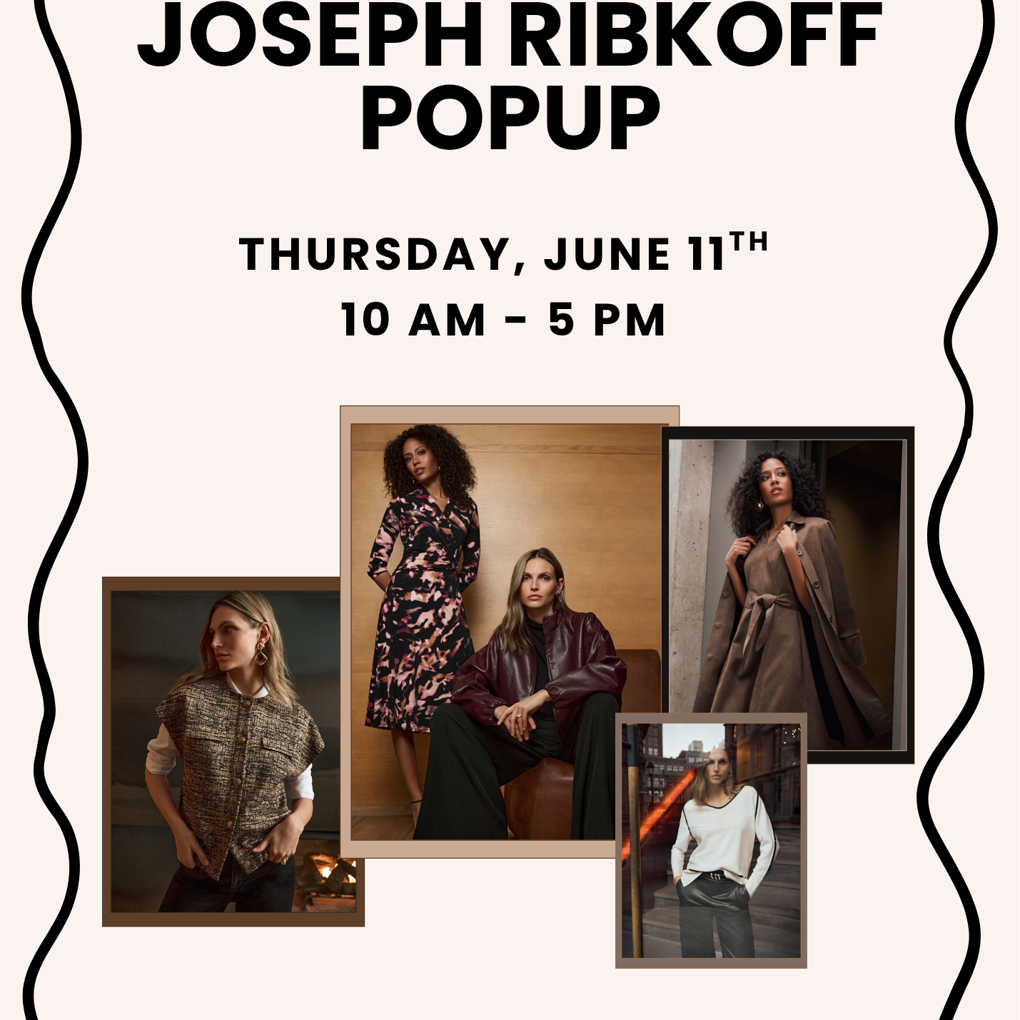 Promotional flyer for Joseph Ribkoff popup event with images of people wearing clothing.