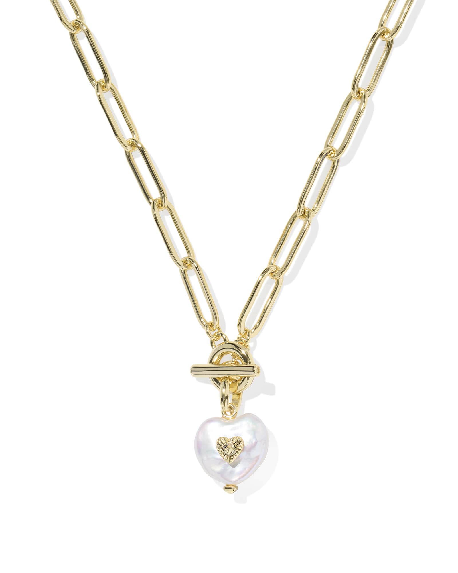Gold chain necklace with a heart-shaped pearl pendant on a white background