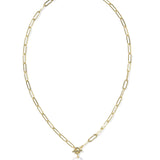 Gold chain necklace with a pearl pendant on a white background