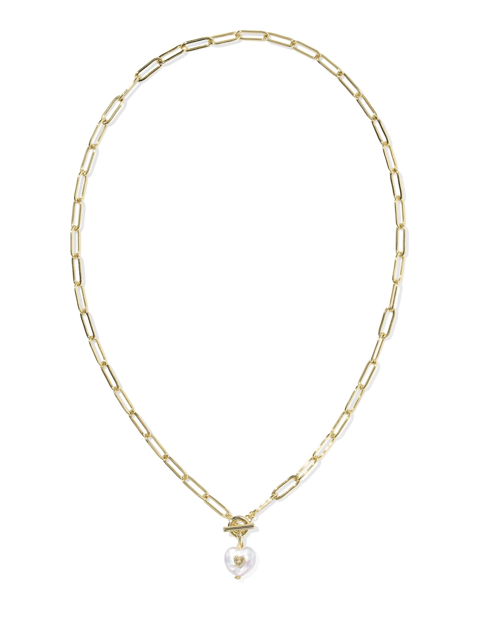 Gold chain necklace with a pearl pendant on a white background