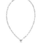 Silver necklace with a heart pendant on a white background