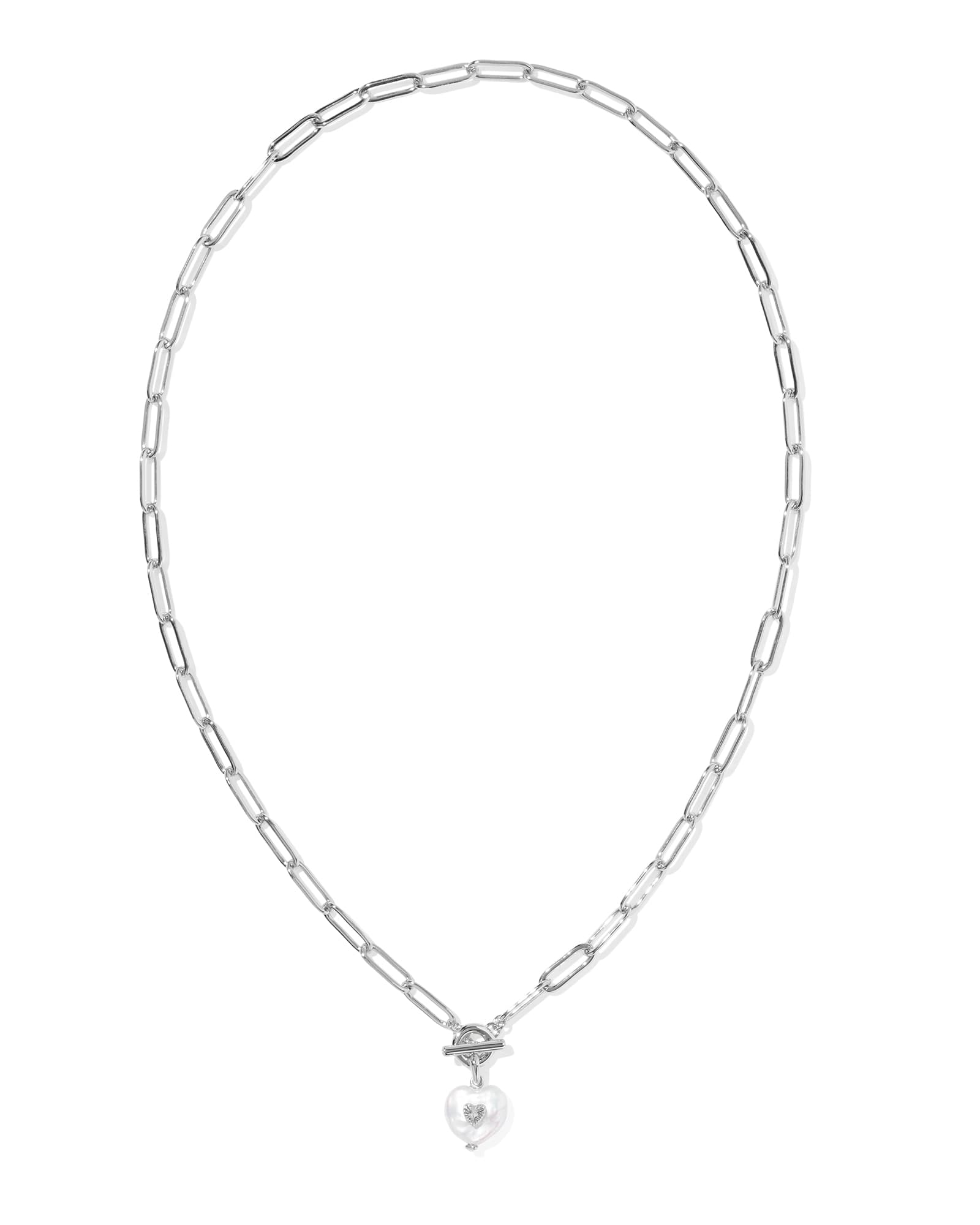Silver necklace with a heart pendant on a white background