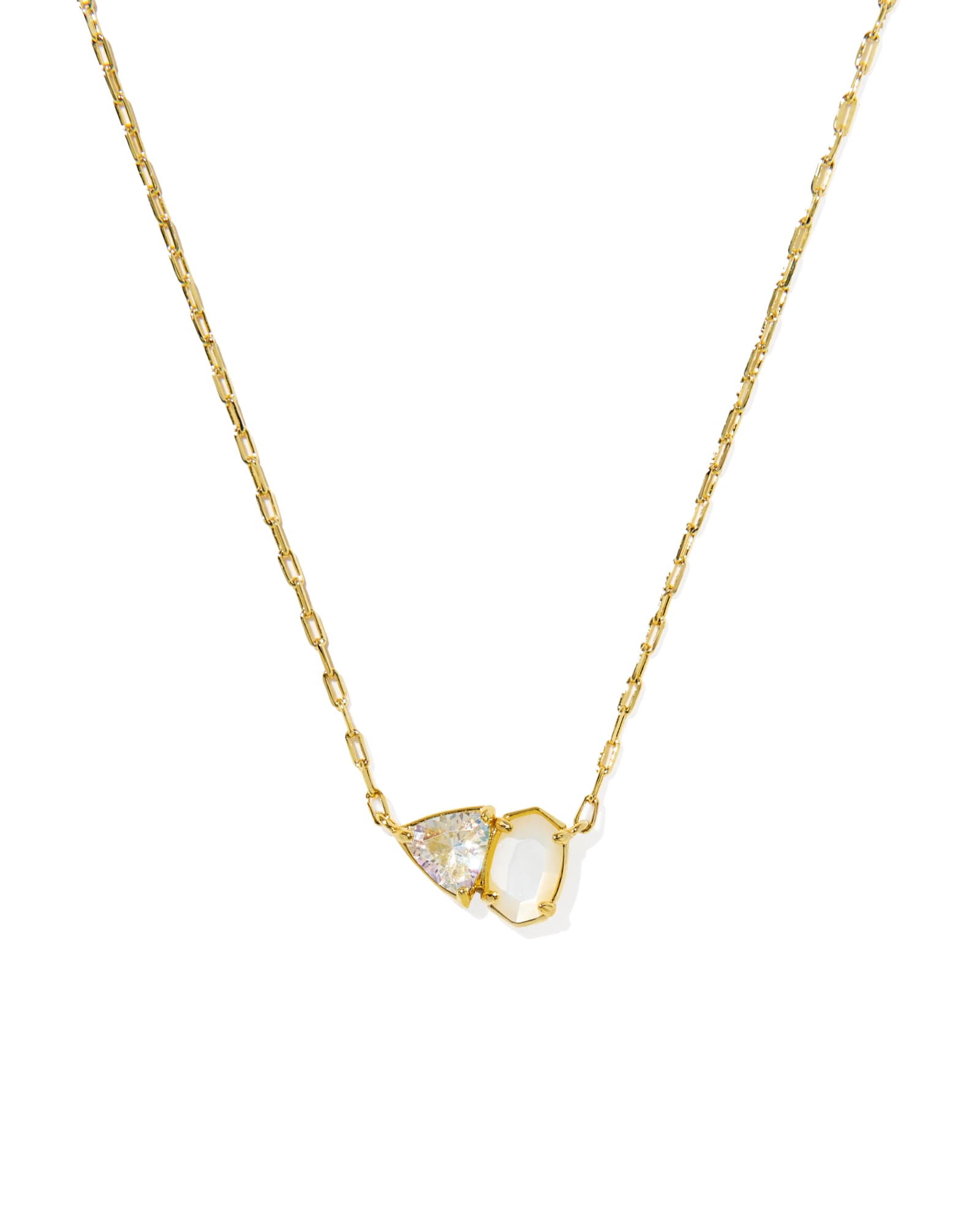 Gold necklace with a triangular pendant on a white background