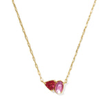 Gold necklace with pink and red gemstones on a white background