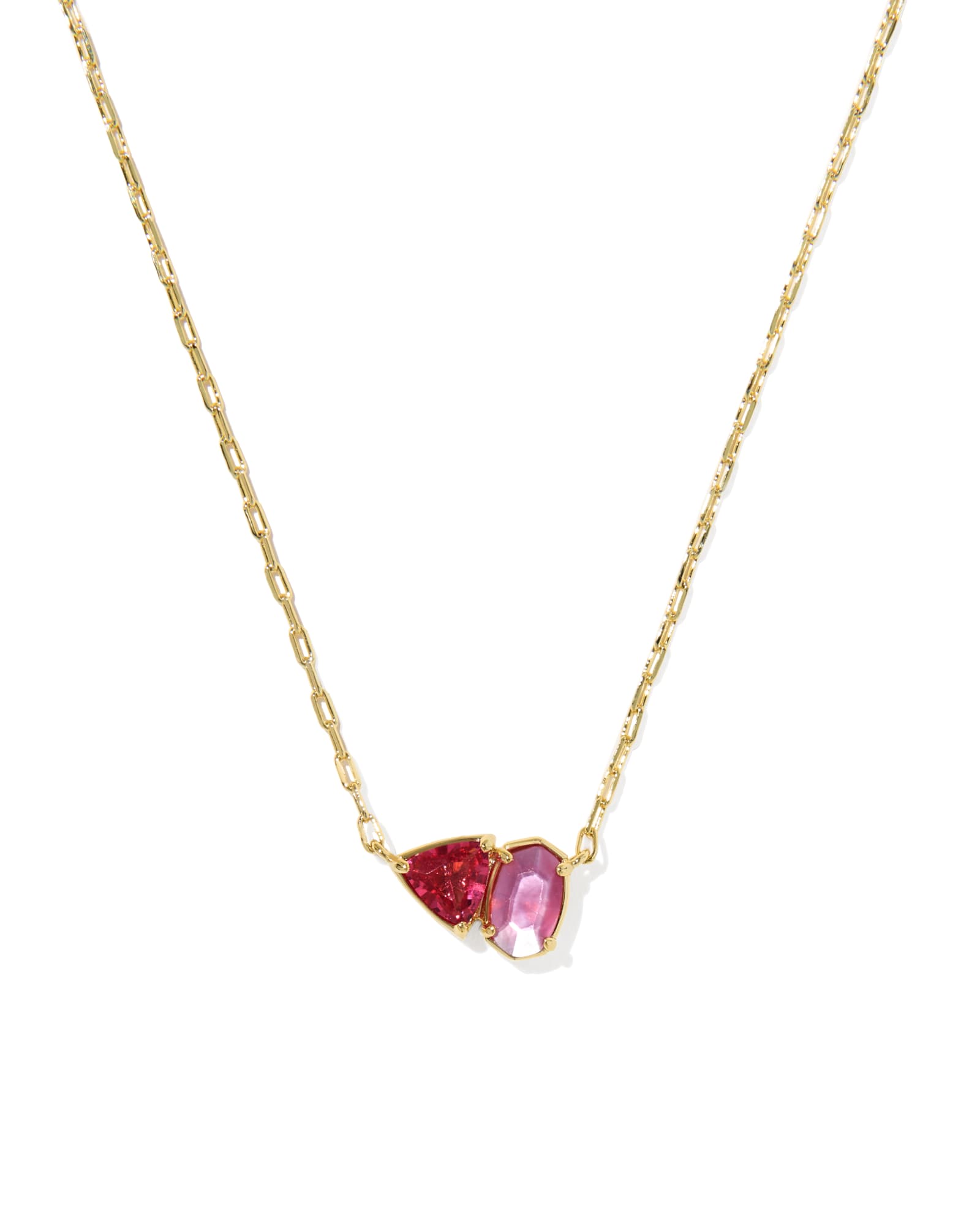 Gold necklace with pink and red gemstones on a white background