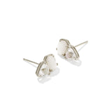 Pair of silver earrings with white gemstones on a white background