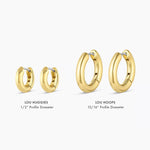 Gold hoop earrings labeled 'Lou Huggies' and 'Lou Hoops' on a white background