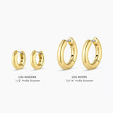 Gold hoop earrings labeled 'Lou Huggies' and 'Lou Hoops' on a white background