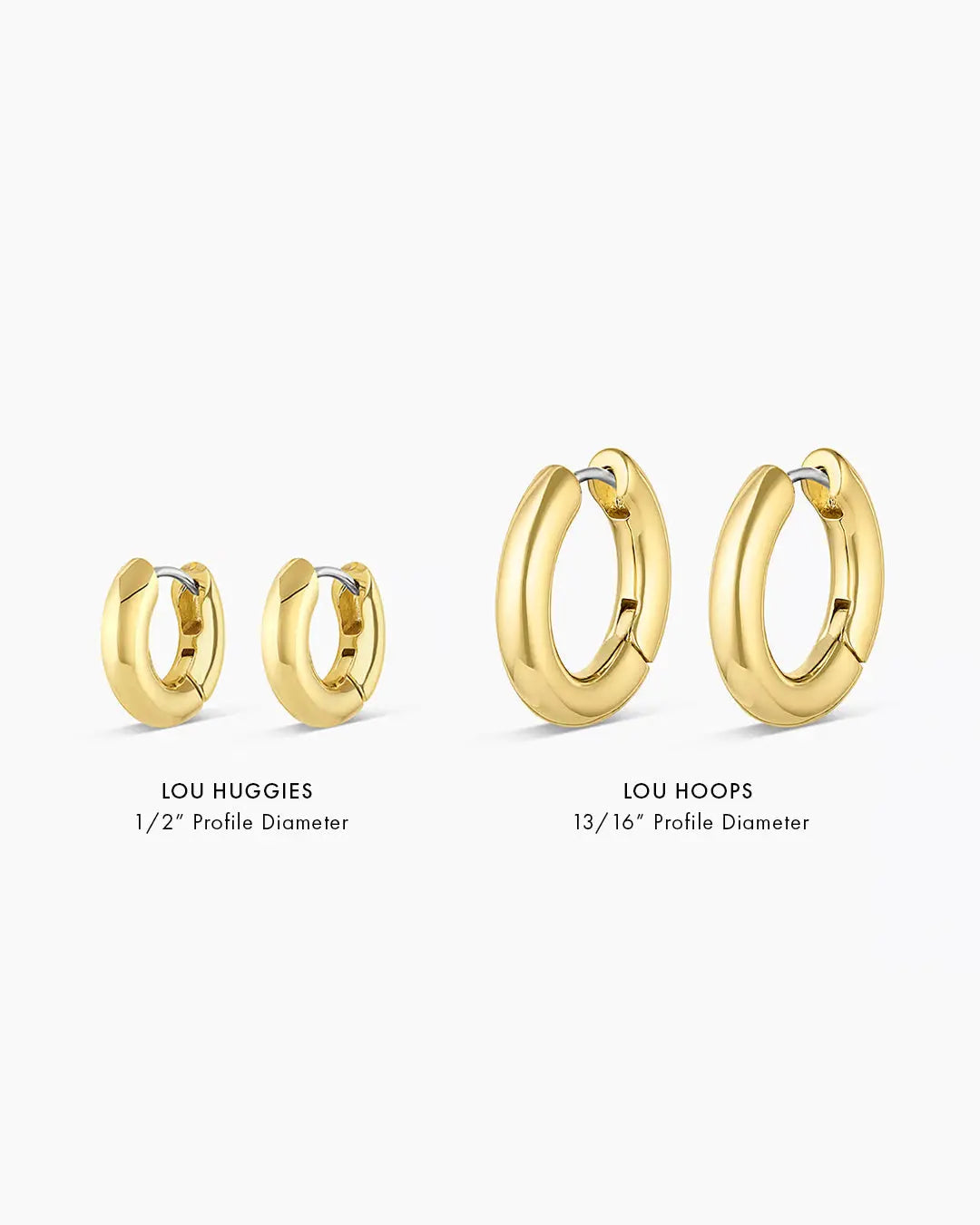 Gold hoop earrings labeled 'Lou Huggies' and 'Lou Hoops' on a white background